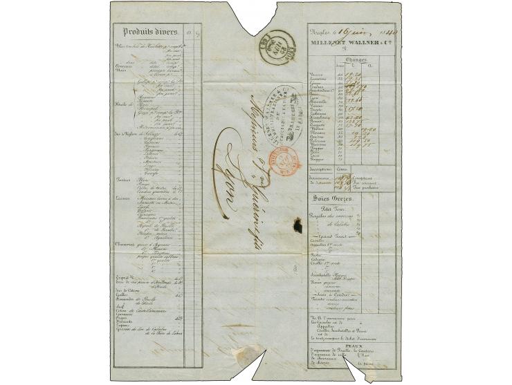 1840, Folded envelope preprinted pricelist for silk and other products from Naples with black oval cachet “MILLENET WALLNER &