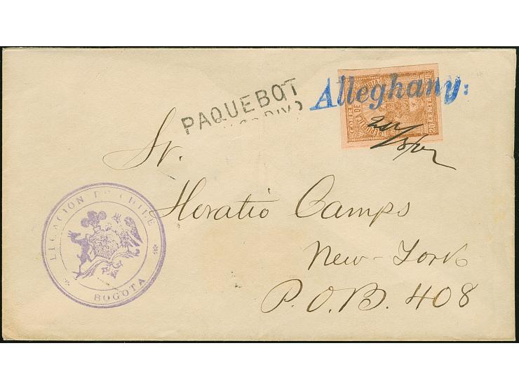 1902, “Alleghany:” US ship cancellation in blue on cover bearing 20 c. brown on rose, imperf, ms. date 20.8.02. At left viole