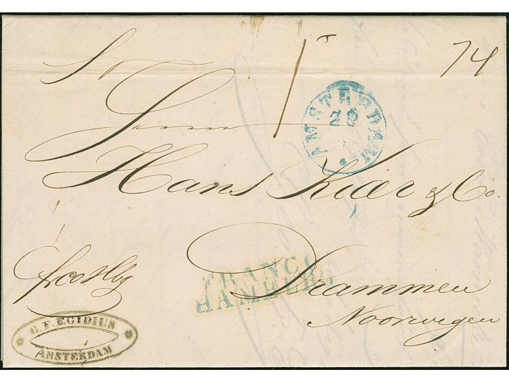 1846, "FRANCO / HAMBURG", L2 in blau vorderseitig auf Brief mit blauem EKr. “AMSTERDAM 29/9” nach Drammen Norwegen mit handsc