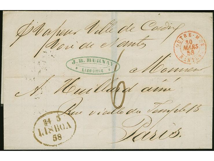 1823, folded envelope cancelled “24/3/LISBOA/58”, ms. ‘Vapeur Ville de Cadiz / Voie de Nantes’ and adressed to Paris, transit