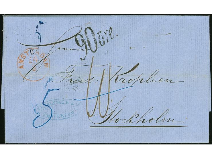 1860, "AMSTERDAM 24/8" K1 in rot auf komplettem Faltbrief nach Stockholm mit handschriftlicher Taxe “5” und mit rückseitigem 