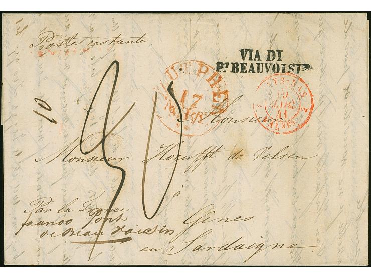 1830, Teilportobrief aus K1 “ZUTPHEN 17/MAR”  in rot, nebengesetzt franz. “PAYS-BAS VAL.NES 19/MAR/41” und L2 “VIA DI BEAUVOI