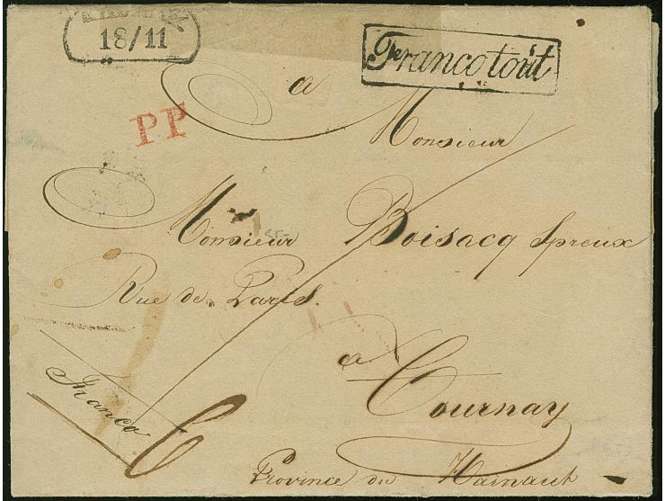 1827, Folded envelope from Nieswiller with black boxed “Franco tout” and red P.P. alongside to Tournay Province Hainout, ms. 
