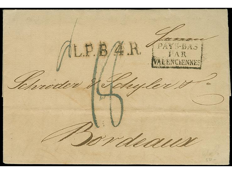 1819/23, Zwei Briefe, dabei Hamburg 1823 Brief mit Devisenvordruck innen ohne Aufgabestempel nach Bordeaux, jedoch mit L1 "L.