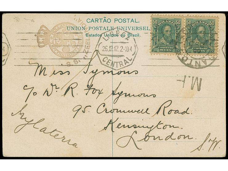 1912, Netherlands Steamship: Two postcards S.S. ZEELANDIA, one bearing pair Brazil 50 r. green cancelled SANTOS cds. to Lisbo
