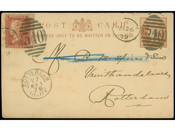 1879/92, Great Brittain QV two postal stationery cards with steam ship prints on reverse, 1879 ‘First Harwich Agency uprated 