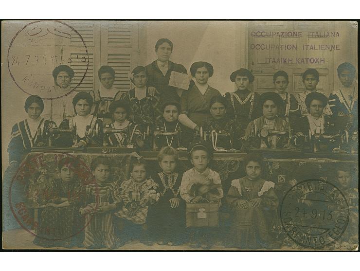 1913, Postcard from a school for seamstresses during italian occupation of SCARPANTO, showing teachers and pupils with sewing