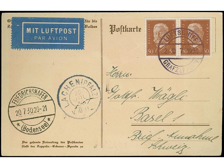 1930, Pfalzfahrt, Bordpost der Hin- und Rückfahrt mit Bordpoststempel 20.7., Lachen 20.2. und Friedrichshafen 20.7.30 20-21, 