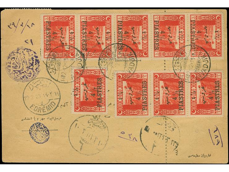 1923, TELGRAF ve POSTAHANE-I BEYSEHRI (Isfila no.1, RR) violet cancellation on parcel card from AYVACIK with transit mark KAR