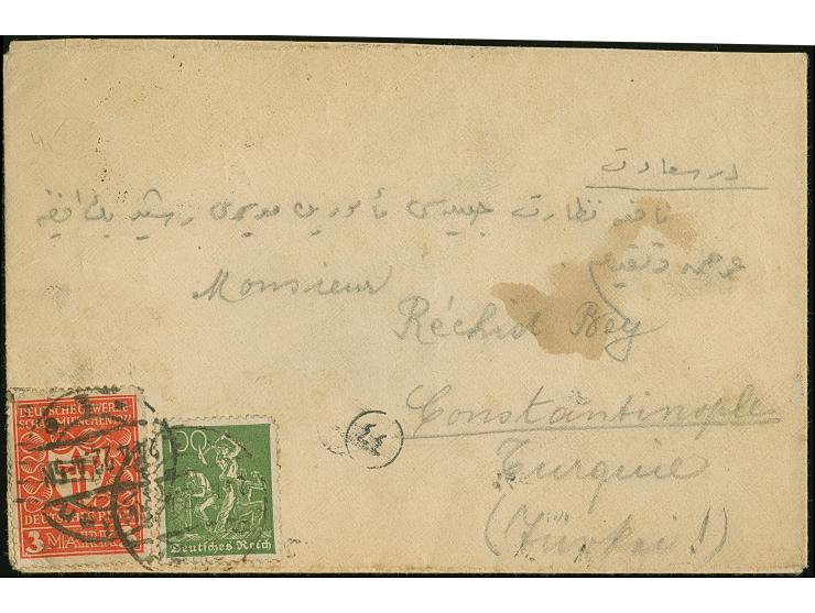1922/23, Zwei Briefe aus Gießen, beide in die Türkei, 24.4.22 mit 4 Mark frankiert, 11.5.23 mit 3 Mark frankiert. Beide zunäc