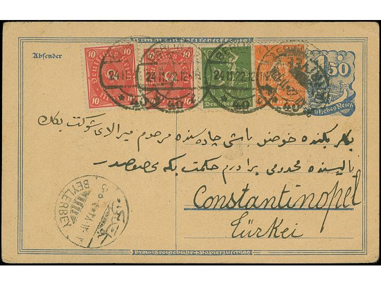 1922, Postreiter 1,50 M mit Zusatzfrankatur zu 24 M Portostufe in die Türkei, BERLIN 24.11.22 und Ankunftsstempel BEYLERBEY 2