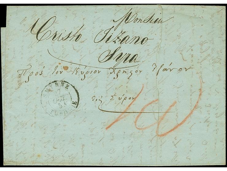 1854, Entire letter from Smirna to Syra, rated 40 lepta in red crayon, reverse with SYRA arrival cds. The cover shows caranti