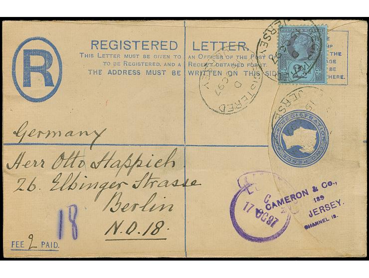 1895/97, QV three postal stationery envelopes used registered and uprated by Cameron &amp; Co. to Berlin, fine trio.
