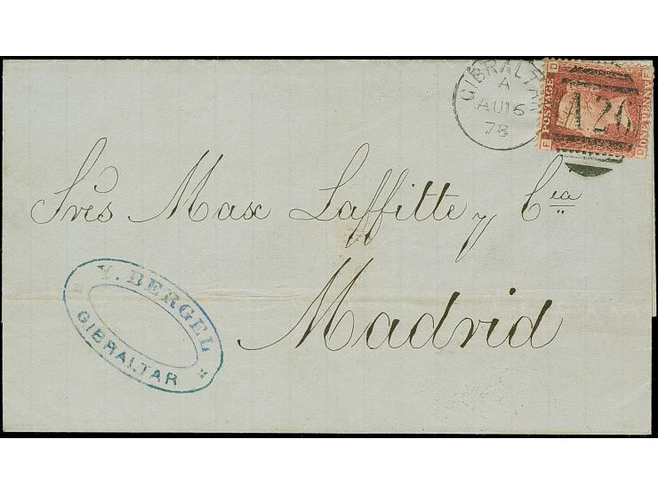 1879, GB 1 d. rose-red, plate #186, tied by Dublex "GIBRALTAR A AU.16//78-A26" to letter sheet to Madrid with arrival mark on