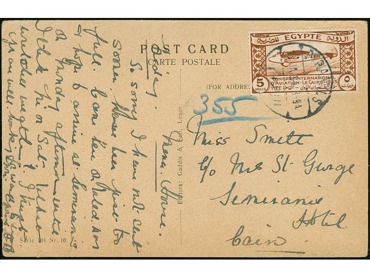 1933, International Aviation Congress 5 m. brown on PYRAMIDS Jan.13/1934 postcard to CAIRO, a scarce single franking, some bo