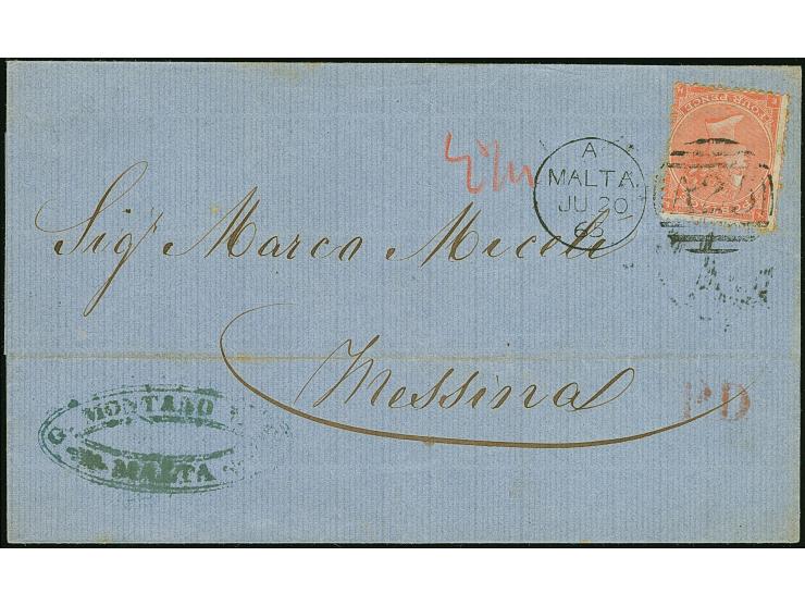 1865, Great Britain 4 d. vermilion, pl.4, tied by fine "MALTA / A25 JU/20/65" duplex, fully paid with "2¾" red crayon alongsi