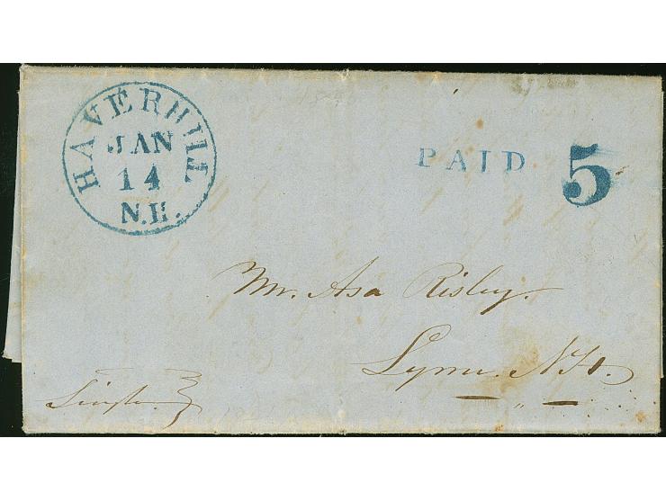 1846, "Haverhill N.H. Jan. 14" blue circular datestamp on folded envelope, clear strikes of ‘PAID’ &amp; ‘5’ alongside, addre