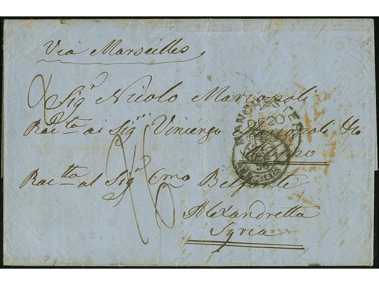 1856, Folded envelope from Manchester DE/20 1856, ms. ‘Via Marseille’ on top left, with several transit marks including, Picc