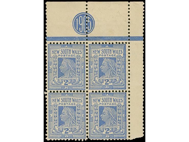 1907, Arms 2 d. cobalt-blue, inverted wmk. Crown over A, perf. 12 x 11½, block of four with margin imprint “1905”, mint never