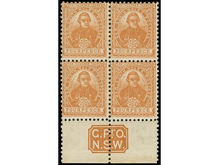 1907, Cook 4 d. cobalt-blue, inverted wmk. Crown over A, perf. 12 x 11½, block of four with margin imprint “G.Pr.O N.S.W.”, m