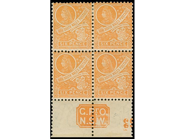 1907, QV 6 d. orange-buff, inverted wmk. Crown over A, perf. 12 x 11½, block of four with margin imprint “G.Pr.O N.S.W.”, unu