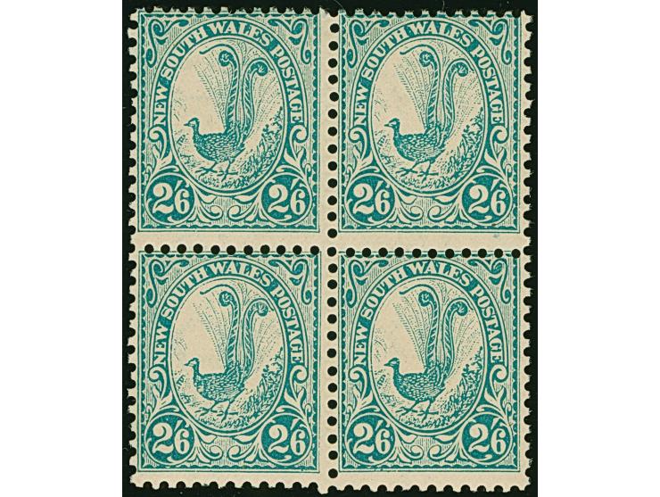 1907, Lyrebird 2 s. 6 d. blue-green, wmk. Crown over A, perf. 12 x 11½, block of four, left pair mint never hinged, right unu
