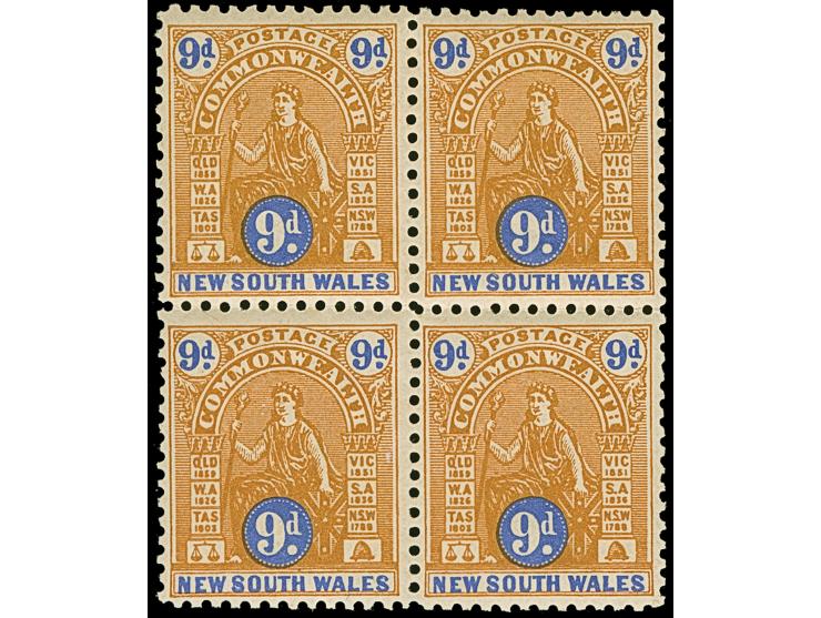 1905, QV 9 d. yellow-brown and ultramarine, wmk. Crown over A, perf. 12x12, block of four, bottom pair mint never hinged, top