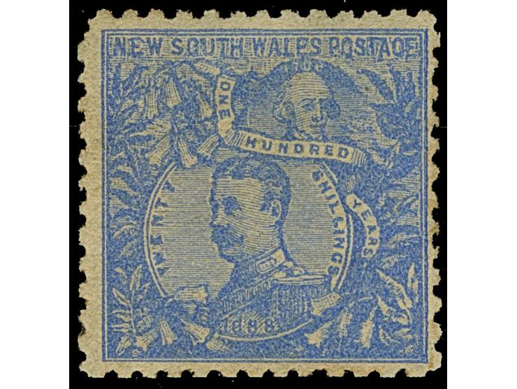 1888/90, Centenary of New South Wales, 1 d. lilac to 20 s. cobalt blue, unused set of eight stamps, 5 and 20 shilling values 