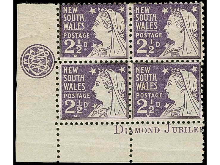 1897/99, Queen Victoria, 2 d deep violet block of four, bottom left corner margin imprint monogram and “Diamond Jubilee”, per