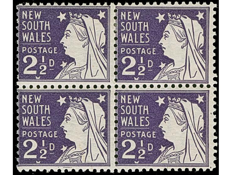 1897/99, Queen Victoria, 2½ d. purple, block of four, perf. 12x11, bottom stamps mint never hinged, very fine and attractive
