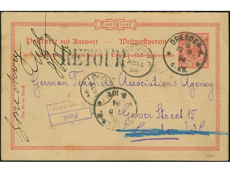 1894, Ganzsachenkarte 10 Pf. + 10 Pf. komplett ungetrennt von DRESDEN nach LONDON mit Ankunftsstempel und Einzeiler RETOUR so
