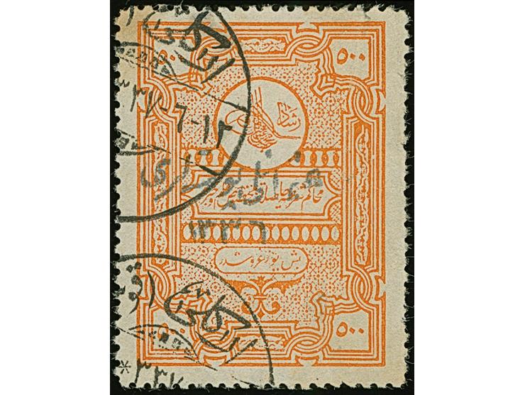 1920, 500  pia. orange handstamped 1336, clear cancelled ‘Eregli (Konya)’, no cut. Certificate Engler ‘without any faults’, f