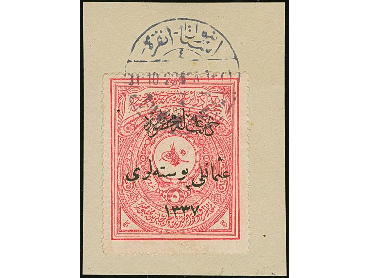 1921, Notarial Fiscal 5 pia. rose 1337 typo overprinted, tied by 'ISTANBUL-ANGORA 4 / 31.10.22' railway cds. to piece, not cu