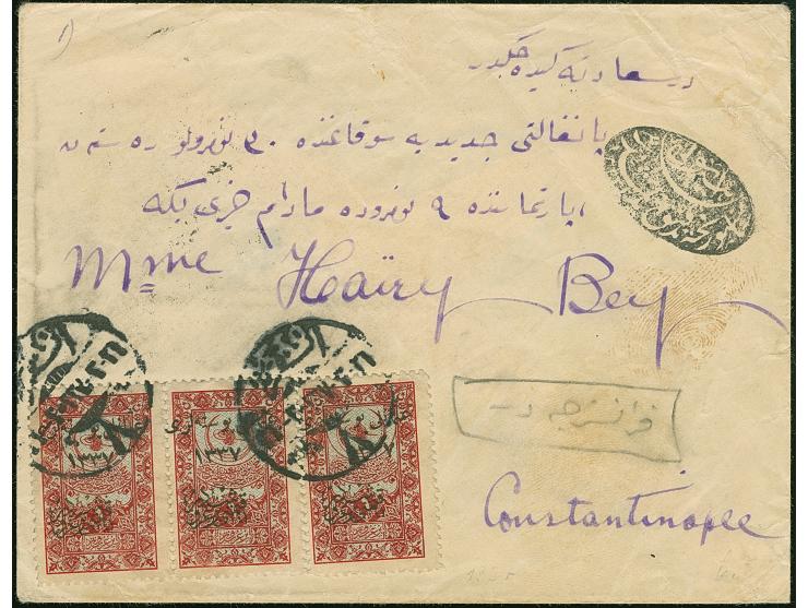 1921, Hejaz railway fiscal 1 pia. stripof three tied by ‘ANGORA 8’ cds. to registered cover to Constantinople, on reverse var
