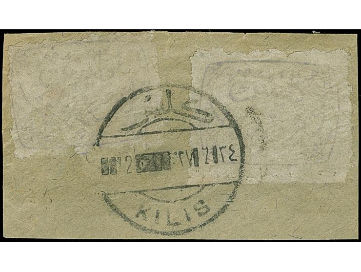 1921, Kilis 1 pia. violet on cigarette paper, rough perf, one bottom margin, two stamps tied by Kilis bilingual cds. to piece