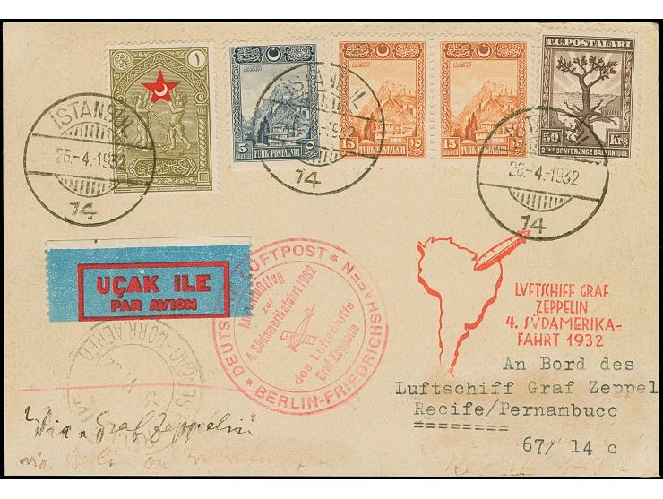 1932, Zeppelin 4th South America Flight postcard with varied franking tied at Istanbul on April 26, shows connecting flight B