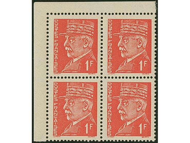 1941, Petain 50 C. und 1 Fr. je im Eckrand-Viererblock, postfrisch