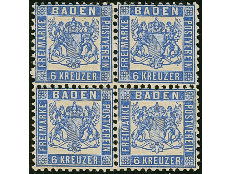 1862/66, 6 Kr. ultramarin im Viererblock, die beiden unteren Werte mit Plattenfehlern (Handbuch 1/26 bzw. 1/63), postfrisch. 