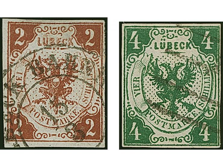 1859, 2 Sch braun und 4 Sch. dunkelgrün, beide farbfrisch und voll- bis breitrandig, sauber gestempelt. Rückseitig kleine Ste