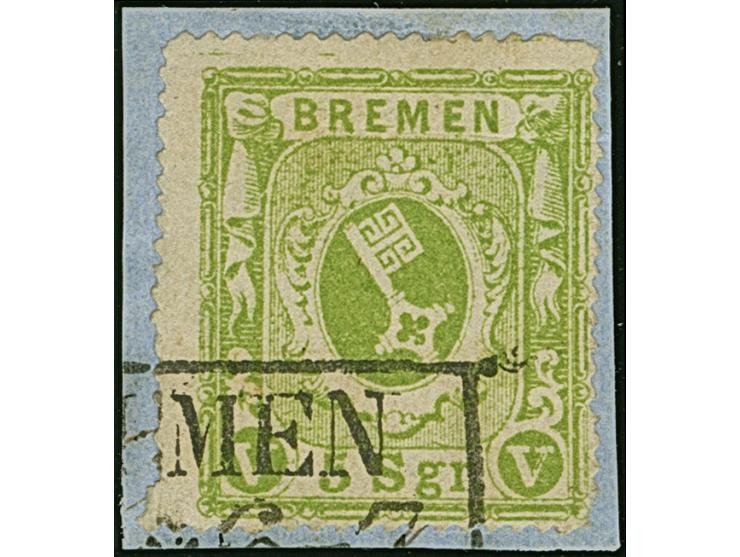 1863, 5 Sgr. gelbgrün, sauber gestempelt auf Briefstück, minimale Druckspur, sonst tadellos. Kurzbefund Neumann BPP