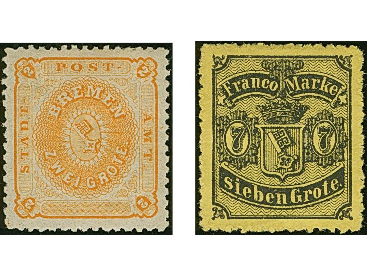 1866/67, 2 Gr. gelblichorange und 7 Gr. auf gelb, ungebraucht mit Originalgummi, einwandfrei, jeweils Kurzbefund Neumann BPP