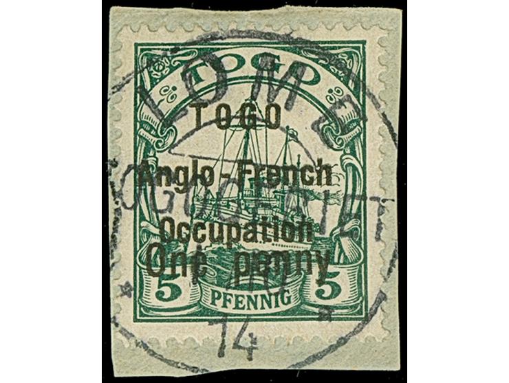 1914, One penny on 5 Pfg., Zeilenabstand 3 mm, sauber gestempelt auf Briefstück. Signiert Bothe BPP und Kurzbefund Dr. Paulig