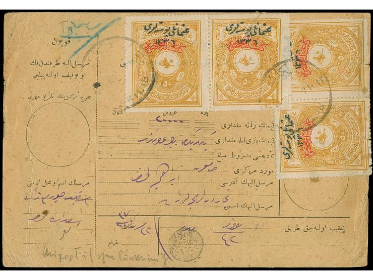1921, Notarial Fiscal 50 pia. brownish-yellow type I, two pairs tied to money transfer card by 'ISKILIB 22.10.21' cds., on re