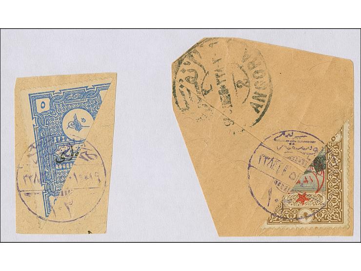 1922, Two bisected stamps including Religious Tribunals Fiscal 5 pia. ultramarine, both tied by fieldpost ‘SAHRA POSTASI 102’