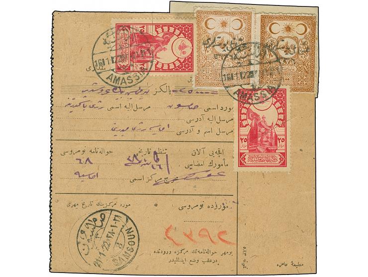1922, Notarial Fiscal 100 pia. brown two stamps tied to money transfer card by 'AMASSIA 1- 16.1.22' cds., arrival mark 'SAMSU