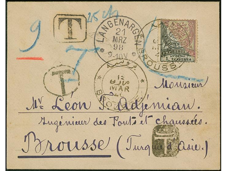 1898, kurioser Brief aus Langenargen / Bodensee 21.3.98 über Konstantinopel 24.3.98 nach Broussa 26.3.98 Türkei, unfrankiert 