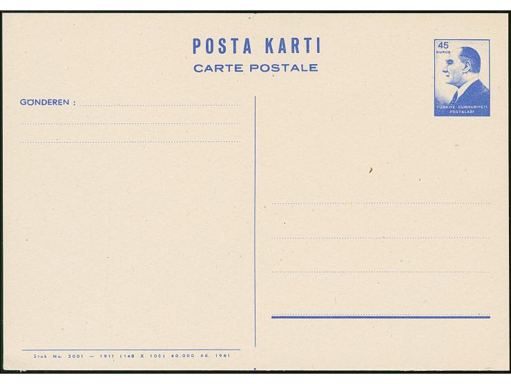 1961, Atatürk postal stationery cards complete set including 30 krs. red, 45 krs. brown and 60 krs. ultramarine, unused, very