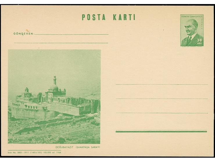1968, Atatürk postal stationery picture card 30 krs. green, Dogubayazit Ishakpasa Sarayi, unused, very fine (isfila cat. valu
