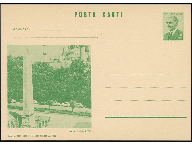 1968, Atatürk postal stationery picture card 30 krs. green, Istanbul Dikilitas, Egypt Obelisk, unused, very fine (isfila cat.