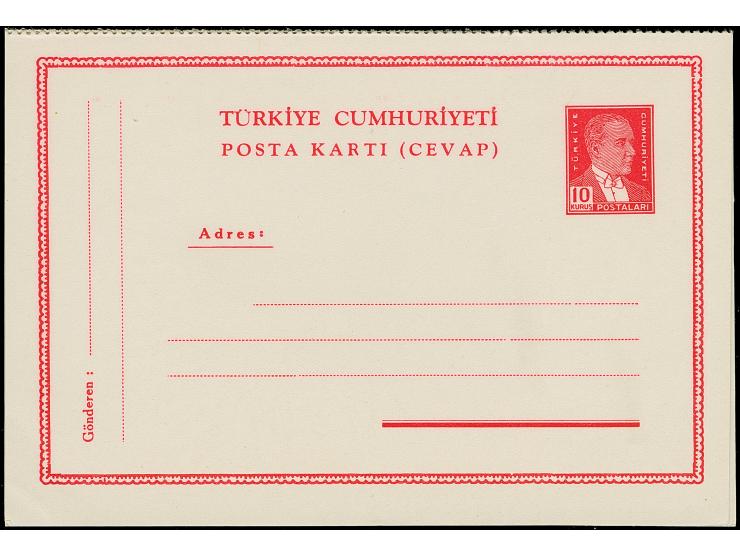 1951, Atatürk postal stationery answering card 10+10 krs. red complete undivided, unused, very fine (isfila cat. value 240€) 